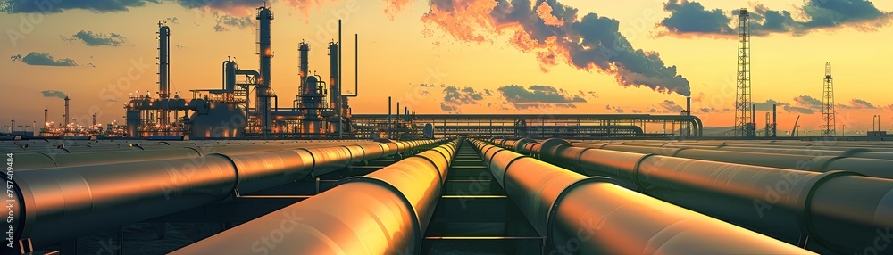The image shows a gas processing plant with several large pipes in the foreground.