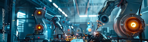 An industrial robot arm welding a metal part in a factory. photo