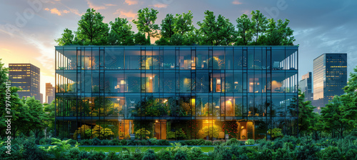  Modern glass building with reflection, landscape architecture. Created with Ai