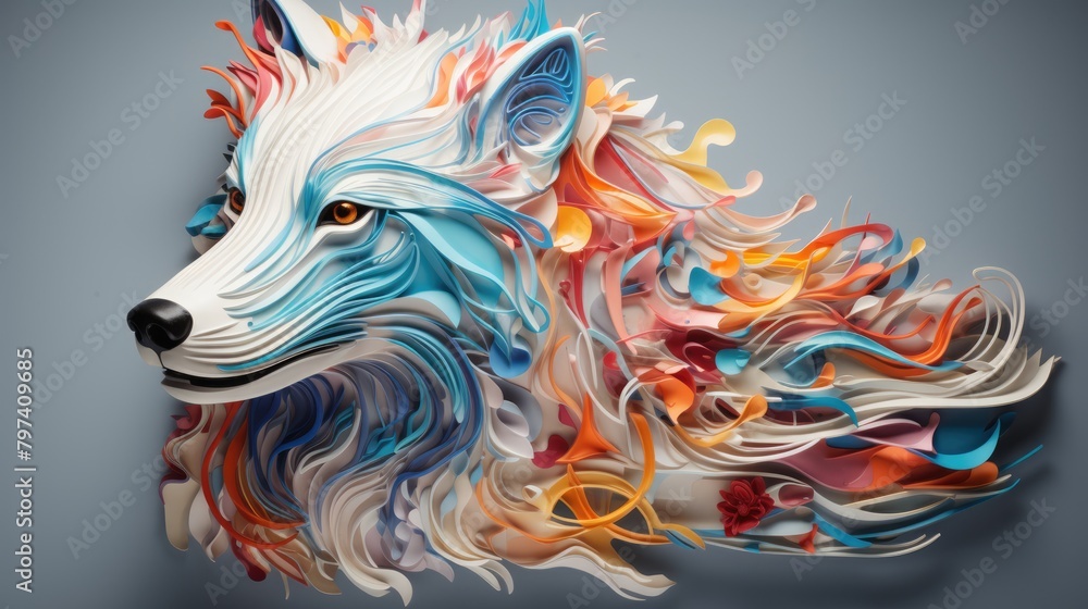 a wolf minimalistic colorful organic forms, assembled, layered, depth, alive vibrant, abstract, on a light blue background