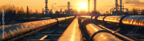 The image shows a sunset over an oil refinery.