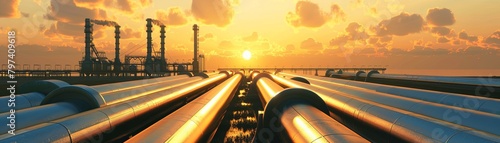 The image shows a sunset over an oil field.