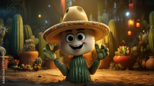 A Picture Cactus character wearing sombrero, detailed, magic light, colorful background,intricate details, rich colors, realistic style, front look, AI Generative