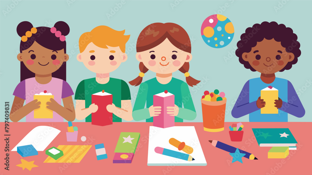 A childrens craft party where kids are creating colorful and fun bookmarks from construction paper beads and stickers to give as gifts to their A childrens craft party where kids are creating colorful and fun bookmarks from construction paper beads and stickers to give as gifts to their