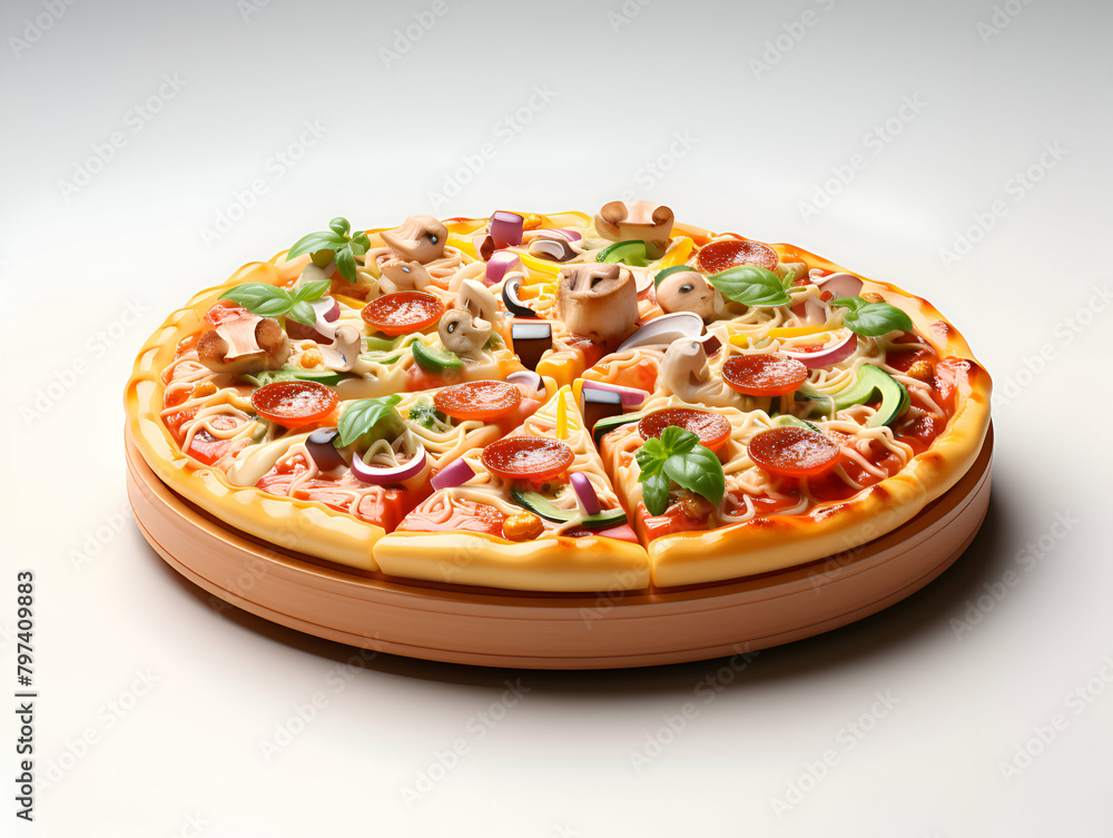 Pizza with ham. mushrooms. cheese and vegetables on white background