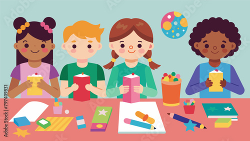 A childrens craft party where kids are creating colorful and fun bookmarks from construction paper beads and stickers to give as gifts to their