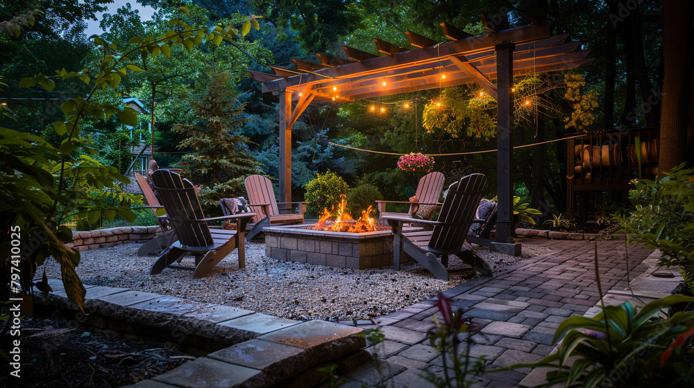 A tranquil outdoor patio with a cozy seating area and a fire pit surrounded by Adirondack chairs, perfect for cool summer evenings. Promotion background.