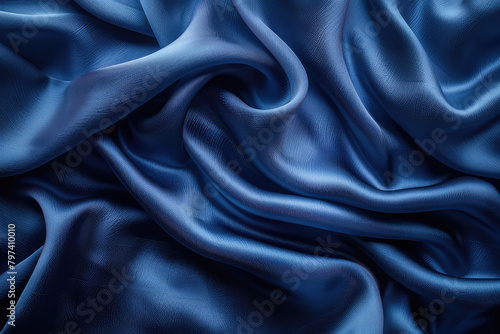 Blue velvet fabric background, macro photography of blue silk cloth texture, dark blue color. Created with Ai