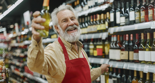 Elderly man with beard and gray hair, wearing a red apron holding up a wine bottle in a supermarket store, smiling at the camera.