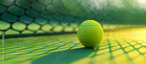 Tennis yellow ball, racket on the court. Sports banner. Healthy lifestyle concept.