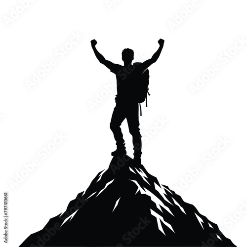 silhouette of a hiker standing triumphantly on a mountain peak