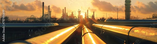 The image shows several large pipes in the foreground with an industrial building complex in the background. photo