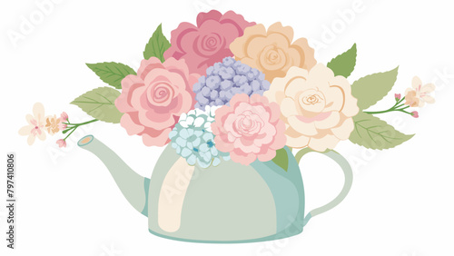 Soft and romantic a bouquet of delicate roses hydrangeas and lisianthus are carefully arranged in a vintage teapot creating a charming centerpiece for.