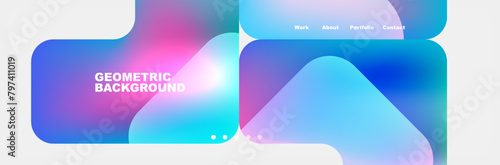 The geometric background features a gradient of azure and violet, with rectangle and circle shapes in aqua, electric blue, and magenta. The design showcases symmetry and an electric atmosphere