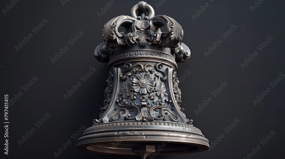 A highly detailed ornate metal bell with a crown on top of it. A highly detailed ornate metal bell with a crown on top of it.