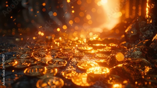 A hoard of gold coins illuminated by a magical source of light. photo