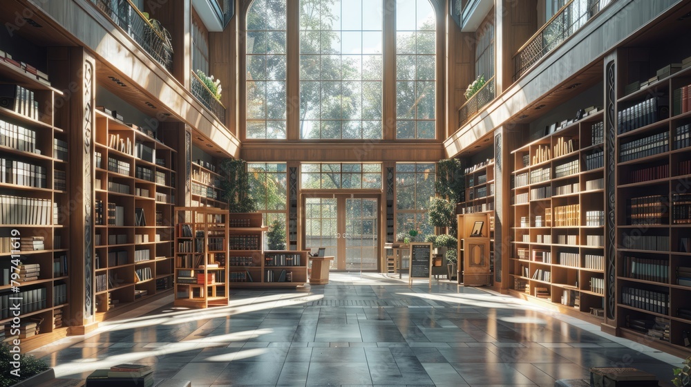 A large library with wooden shelves and a tiled floor. A large library with wooden shelves and a tiled floor.
