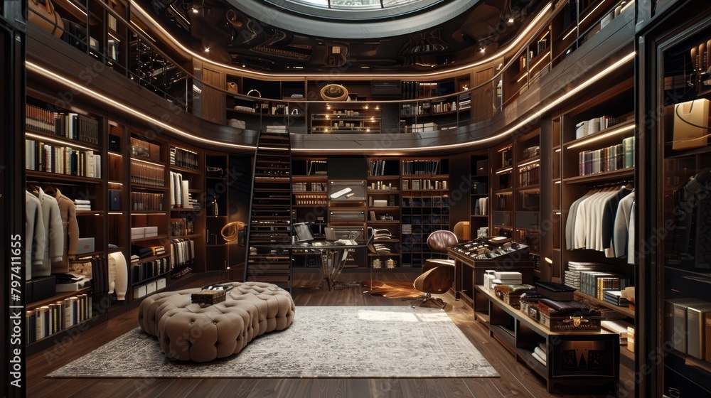 A large, luxurious library with a domed ceiling and a spiral staircase. There are bookshelves all around the room, and a large desk in the center.