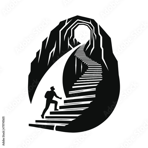silhouette of a person ascending a staircase carved into a mountain