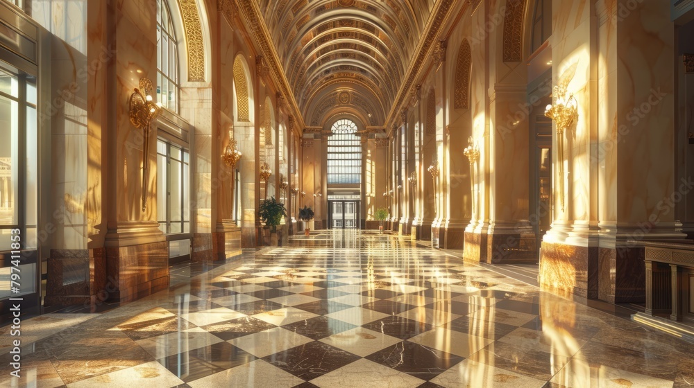 A long hallway with marble floors and columns