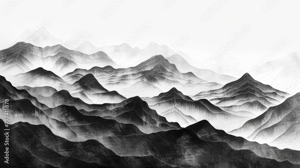 A striking graphic design depicting a mountain range in shades of black and white with each ridge and valley intricately detailed.. A striking graphic design depicting a mountain range in shades of black and white with each ridge and valley intricately detailed..