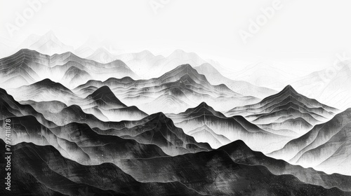 A striking graphic design depicting a mountain range in shades of black and white with each ridge and valley intricately detailed..