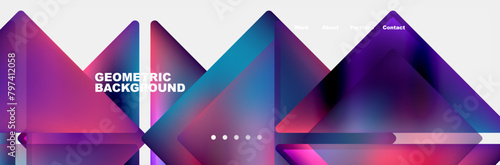 A geometric pattern of purple and electric blue triangles create a bold and symmetrical design on a white backdrop. The vibrant shades of violet, pink, and magenta add depth to the facade