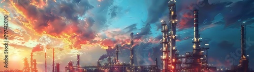 An industrial scene with a large oil refinery and a beautiful sunset.