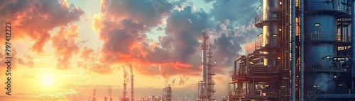 The prompt is "An industrial oil refinery at sunset".
