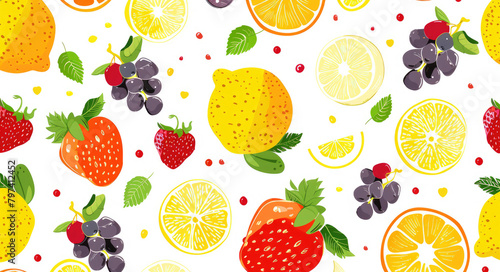 A seamless pattern of various citrus fruits, strawberries and grapefruits on a white background, as a vector illustration in the style of flat design