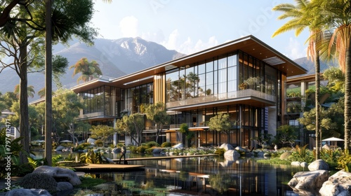 A modern Asian style house with a reflecting pond in front