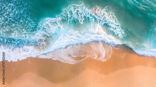 A wave rolling over the beach, captured from an aerial perspective, showcasing its soft and dynamic form. The water is turquoise with white foam, creating a contrast against golden sand. 