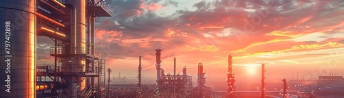 An industrial oil refinery at sunset with a bright orange sky