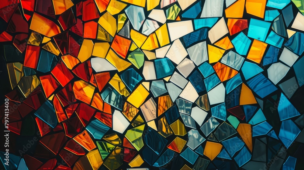A stained glass window with a geometric pattern. A stained glass window with a geometric pattern.