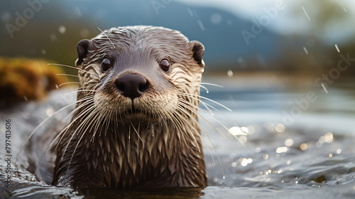 Portrait of a wet Asian small-clawed otter swimming photo