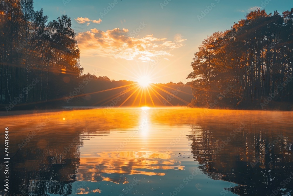 Golden hour sunlight streaming through forest