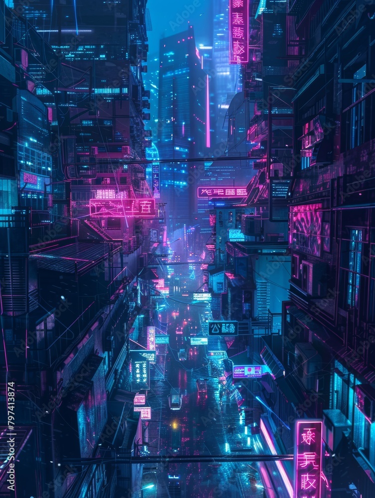 Fototapeta premium Cyberpunk Cityscape WallpaperVibrant Neon Lights and Futuristic Urban Atmosphere
