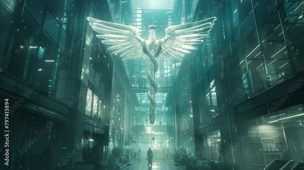Obraz premium A wide shot of a futuristic city with a large statue of the caduceus in the center.