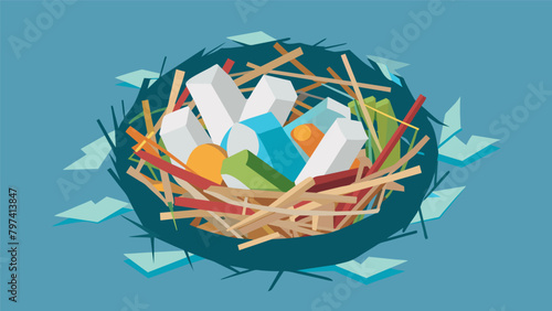 A birds nest made entirely out of plastic straws and wrappers depicting the harmful consequences of singleuse plastics on wildlife habitats.