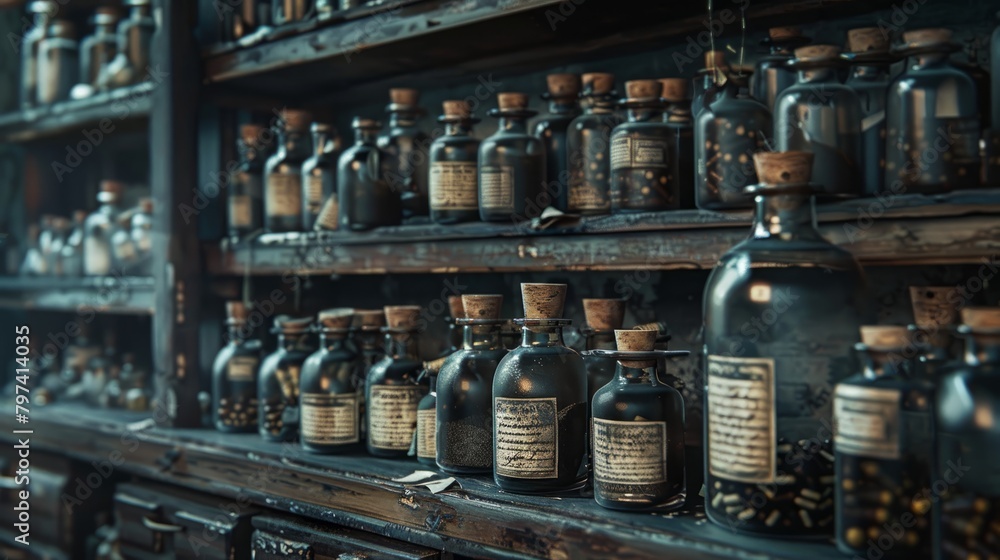 A wooden shelf full of old dusty potion bottles. A wooden shelf full of old dusty potion bottles.