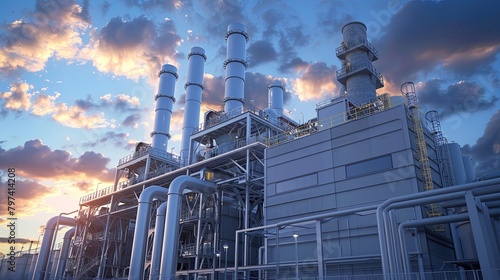 Large industrial complex with many pipes and smokestacks against a dusky orange sky photo