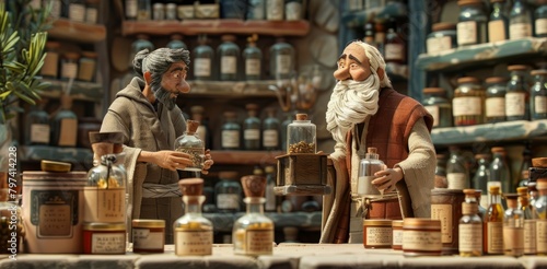 An alchemist and his apprentice are working in a laboratory.