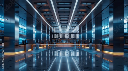 An empty futuristic airport terminal with blue and white lights