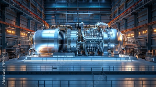 The image shows the interior of a power plant with a large gas turbine. photo
