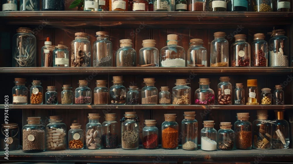 An image of a wooden shelf filled with a variety of glass jars and bottles containing various herbs, spices, and other natural ingredients.