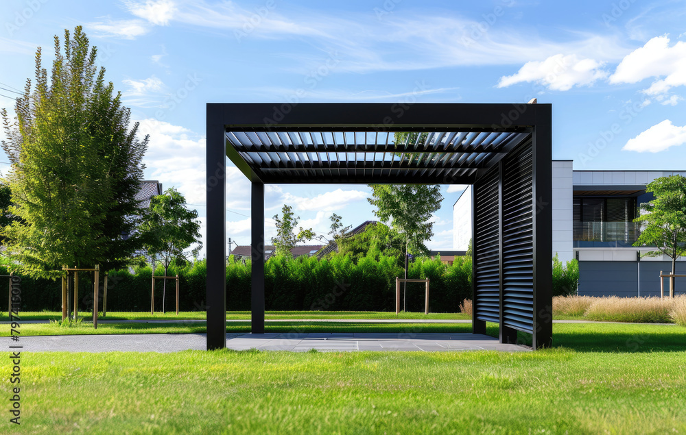 an open black and gray modern pergola with metal slats on the roof, standing in front of green grass near house walls. The background is clear blue sky without clouds