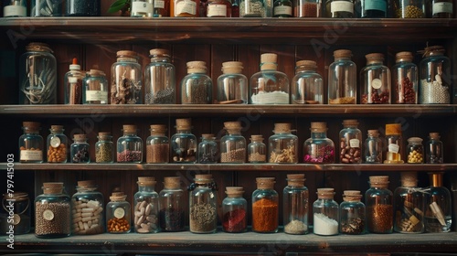 An image of a wooden shelf filled with a variety of glass jars and bottles containing various herbs, spices, and other natural ingredients.