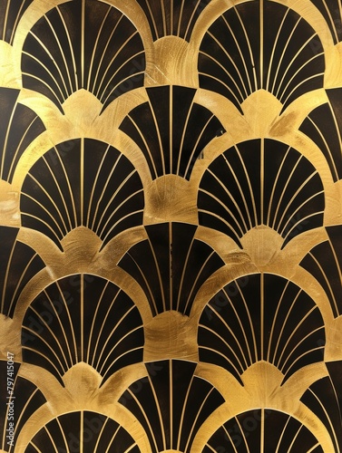Golden and Black Art Deco Fan Pattern Wallpaper Design Illustration