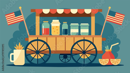A rustic wagon is transformed into a bar serving up refreshing glasses of homemade lemonade and delicious sweet tea served in mason jars and adorned. Vector illustration