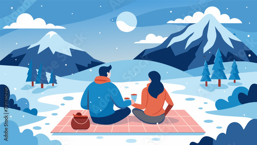 In the midst of a snowcovered landscape a pair cozies up under a warm blanket enjoying a picnic in solitude while admiring the wintry scenery.. Vector illustration